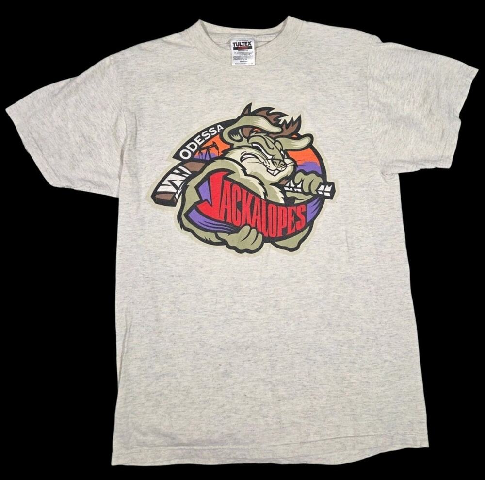 Vintage Odessa Jackalopes T-Shirt Original Logo 90s Y2K Hockey Gray Medium NAHL